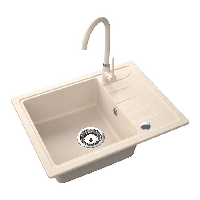 Granitvask Gracia 1-kammer med kort afløbsplade og sandfarvet armatur