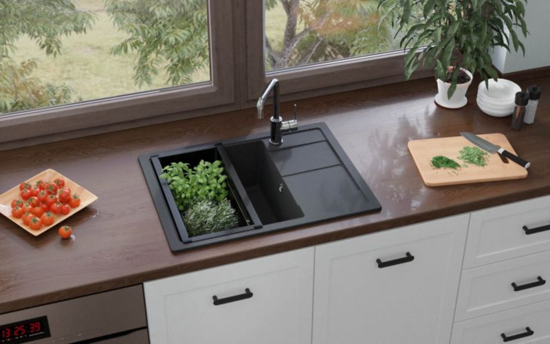 Horizon granitvask 1-kammer med afløbsplade i sort metalik