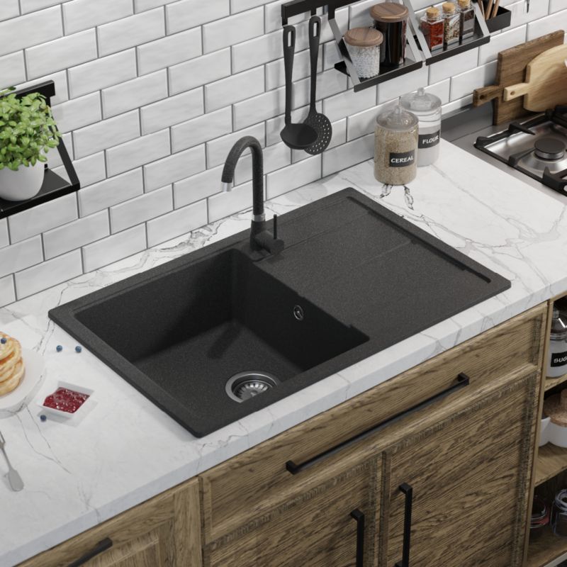 Horizon granitvask 1-kammer med afløbsplade i sort