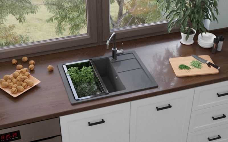 Horizon granitvask med 1 kumme og titan afløbsplade