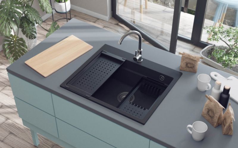 Massimo granitvask 1-kammer uden afløb i sort metalik + tilbehør