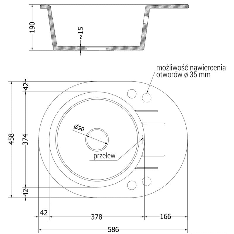 Granitvask med afløb 1-kammer Mexen 586 x 458 mm Kevin grå 1 stk.