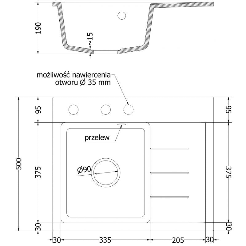Granitsæbe med afløb, 1-kammer Mexen 600x500 Ben grå, 1 stk.