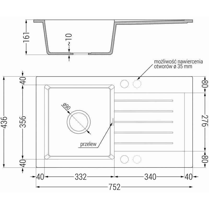Granitsæbe med afløb, 1-kammer Mexen 752 x 436 mm Pablo hvid, 1 stk.