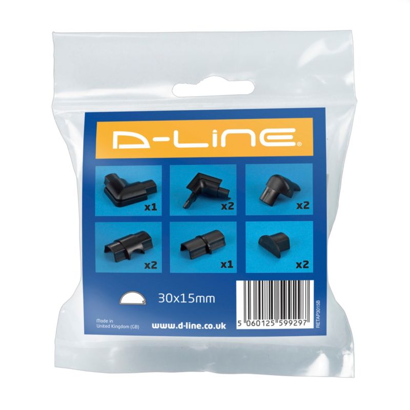 Tilbehør til halvrund D-line kabelkanal 30 x 15 mm sort 10 stk.