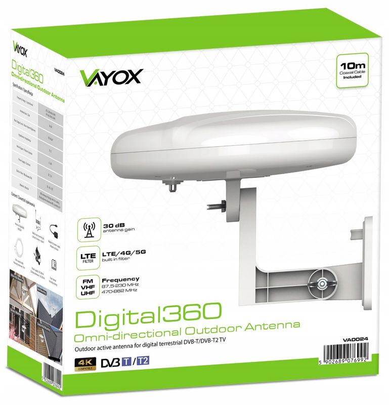 Vayox VA0024 Digital360 rundstrålende antenne VHF UHF DVB-T2 4K med LTE 5G filter, 1 stk.