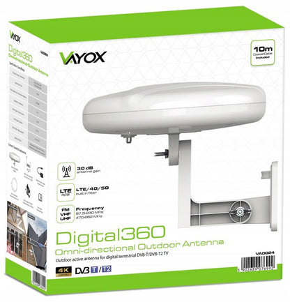 Vayox VA0024 Digital360 rundstrålende antenne VHF UHF DVB-T2 4K med LTE 5G filter, 1 stk.