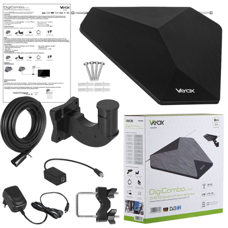 Vayox VA0082 DigiCombo panelantenne VHF UHF FM DVB-T2 4K med LTE-filter, 1 stk.