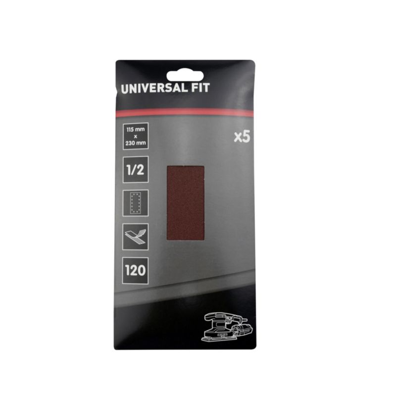 Universal slibeark 115 x 230 mm P120 med velcro og huller, 5 stk.