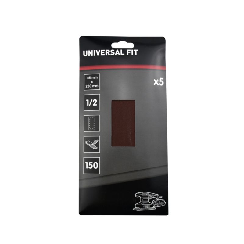 Universal slibeark 115 x 230 mm P150 med velcro og huller, 5 stk.