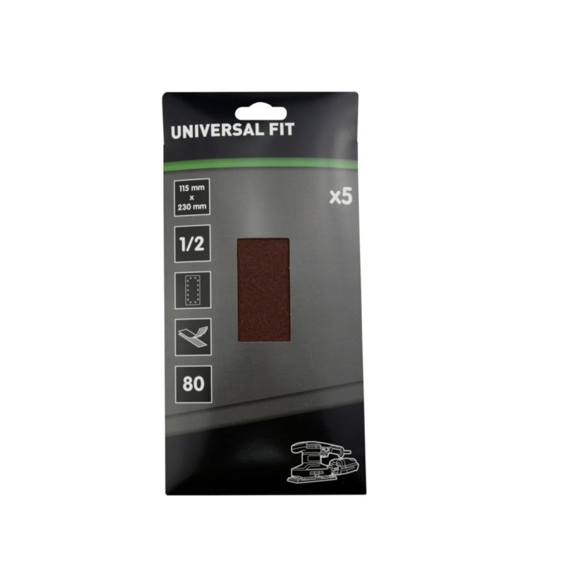 Universal slibarkpapir 115 x 230 mm P80 med velcro og huller, 5 stk.