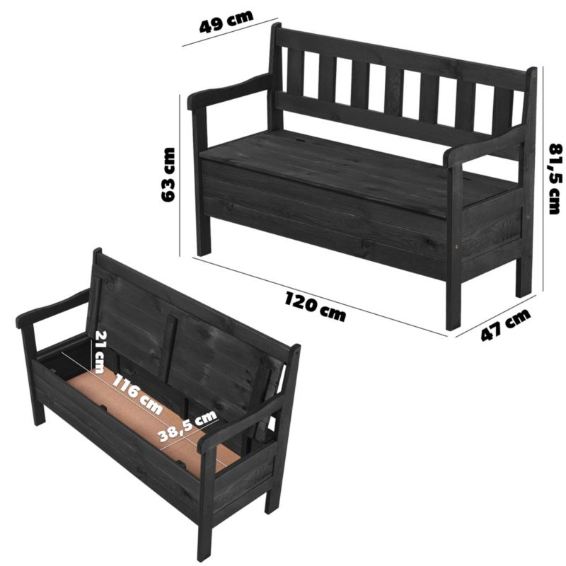 KADAX træbænk til have med ryglæn 120 cm og opbevaringskasse til terrasse og balkon i antracit