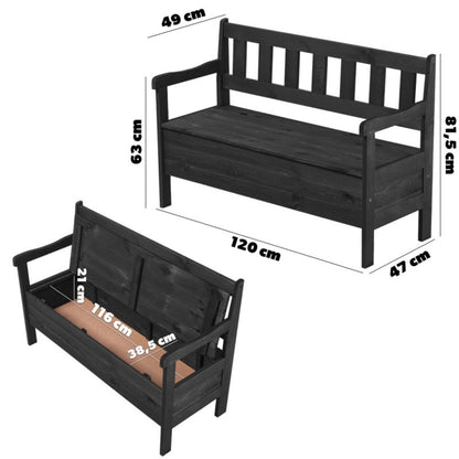 KADAX træbænk til have med ryglæn 120 cm og opbevaringskasse til terrasse og balkon i antracit