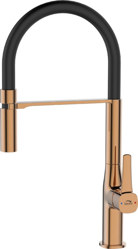 Laveo Marlin køkkenarmatur med U‑formet tud i mat‑sort/guld