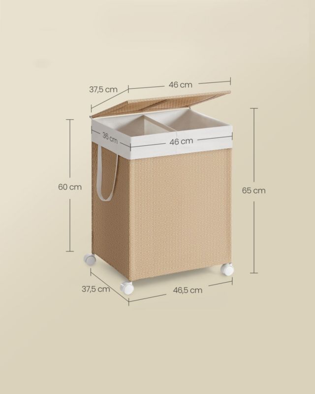 Mobil vasketøjskurv med 2 rum 46,5x37,5x65 cm Beige 100 L | LCB601N01