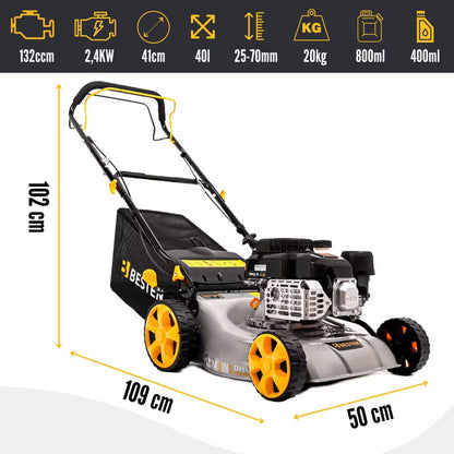 Benzinplæneklipper 132cc 41 cm med Træk og Opsamler