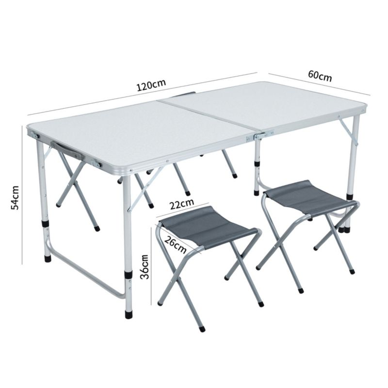 Hvid campingbord Agis med 4 grå klapstole, mål 120x60x70 cm, 1 sæt
