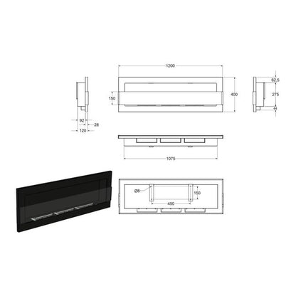 Hængende biopejs med glas 1200 x 400 mm sort højglans