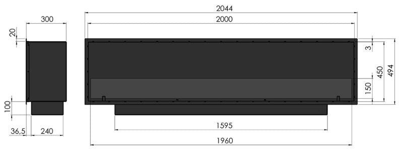 Indbygningsbiokamin SLIM 200 cm Sort med Glas