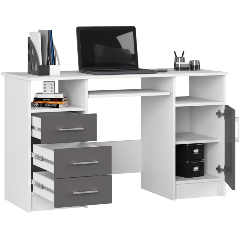 Akord Ana hvidt skrivebord 124 cm computerbord 1 dør 3 skuffer grafitgrå mat 5 hylder 124x52x74 cm 1 stk.