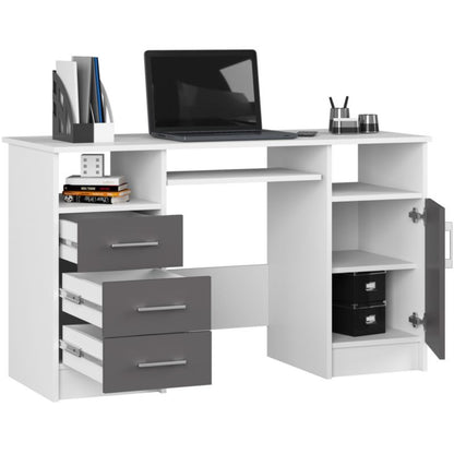 Akord Ana hvidt skrivebord 124 cm computerbord 1 dør 3 skuffer grafitgrå mat 5 hylder 124x52x74 cm 1 stk.