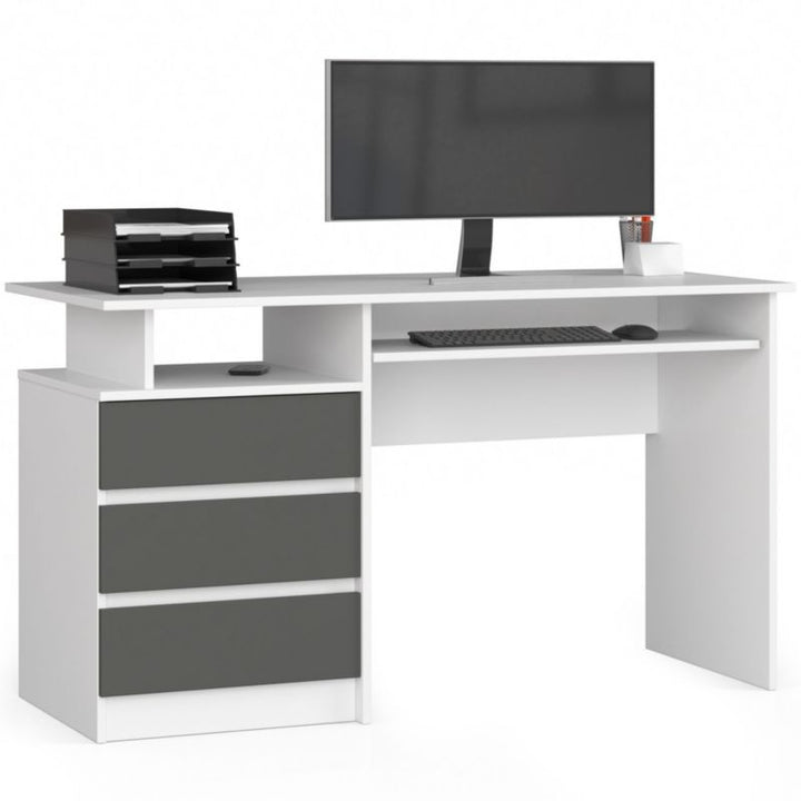 Akord CLP skrivebord hvid 135 cm med 3 skuffer, mat grafitgrå, 2 hylder, 135x60x77 cm, 1 stk.