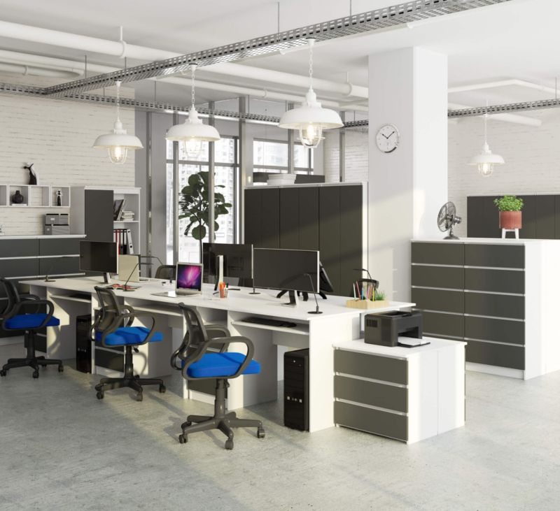 Akord CLP skrivebord hvid 135 cm med 3 skuffer, mat grafitgrå, 2 hylder, 135x60x77 cm, 1 stk.