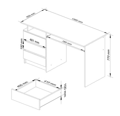 Akord CLP skrivebord i Sonoma eg 135 cm med 3 skuffer og 2 hylder, mat Sonoma eg, 135x60x77 cm, 1 stk.