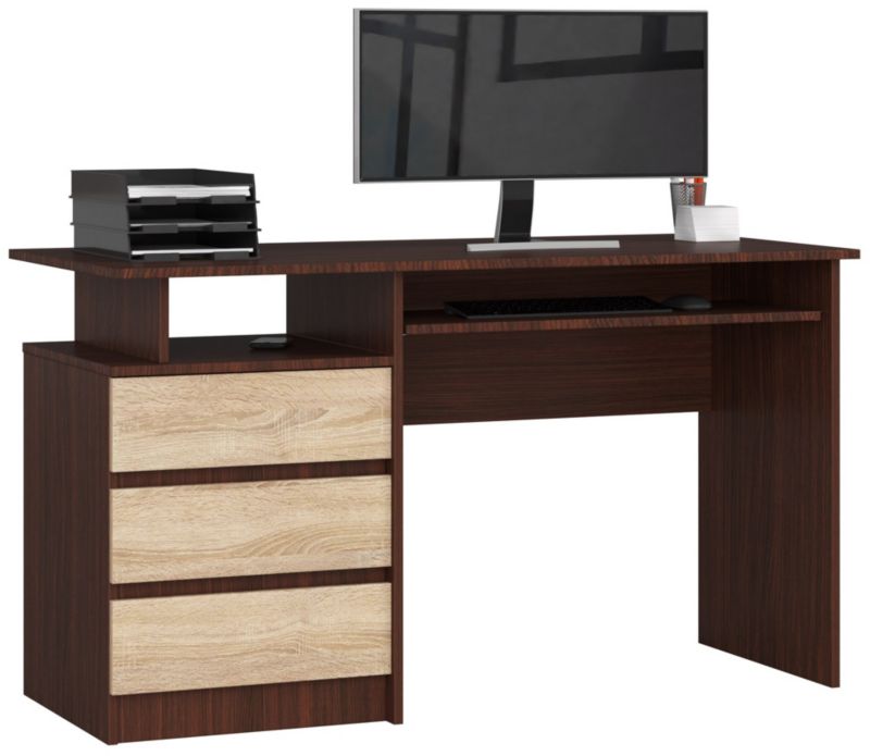 Akord CLP skrivebord Wenge 135 cm med 3 skuffer, mat Sonoma eg, 2 hylder, 135x60x77 cm, 1 stk.