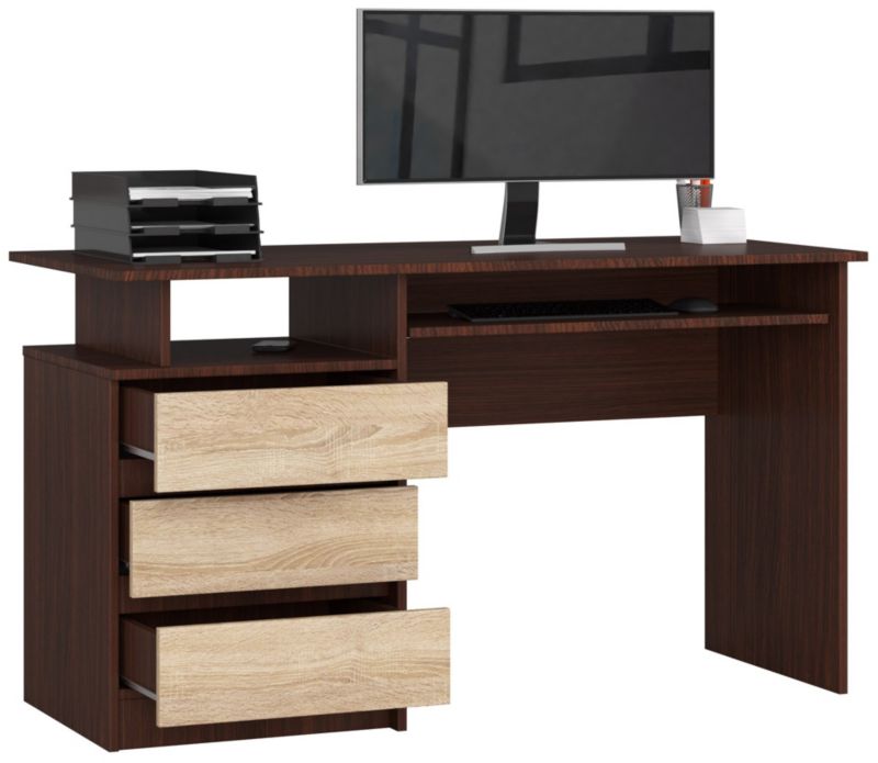 Akord CLP skrivebord Wenge 135 cm med 3 skuffer, mat Sonoma eg, 2 hylder, 135x60x77 cm, 1 stk.