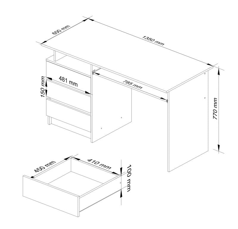 Akord CLP skrivebord Wenge 135 cm med 3 skuffer, mat Sonoma eg, 2 hylder, 135x60x77 cm, 1 stk.
