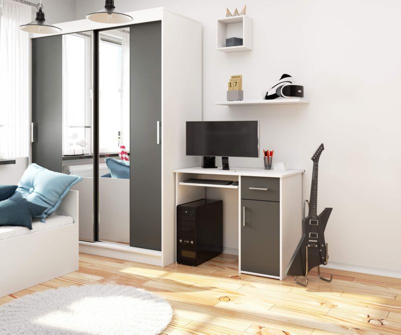 Akord Pin skrivebord hvid 90 cm computerbord 1 dør 1 skuffe grafitgrå mat farve 3 hylder 90x50x74 cm 1 stk.