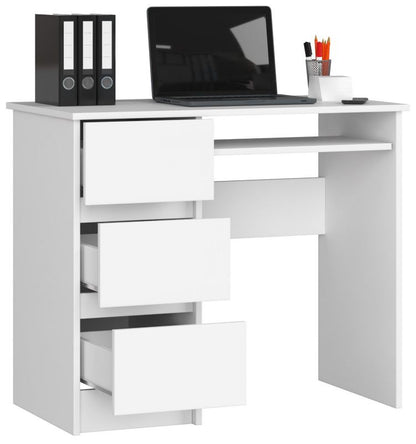 Akord A6 computerbord hvid 90 cm venstrevendt med 3 skuffer, mat hvid, 1 hylde, 90x50x77 cm, 1 stk.