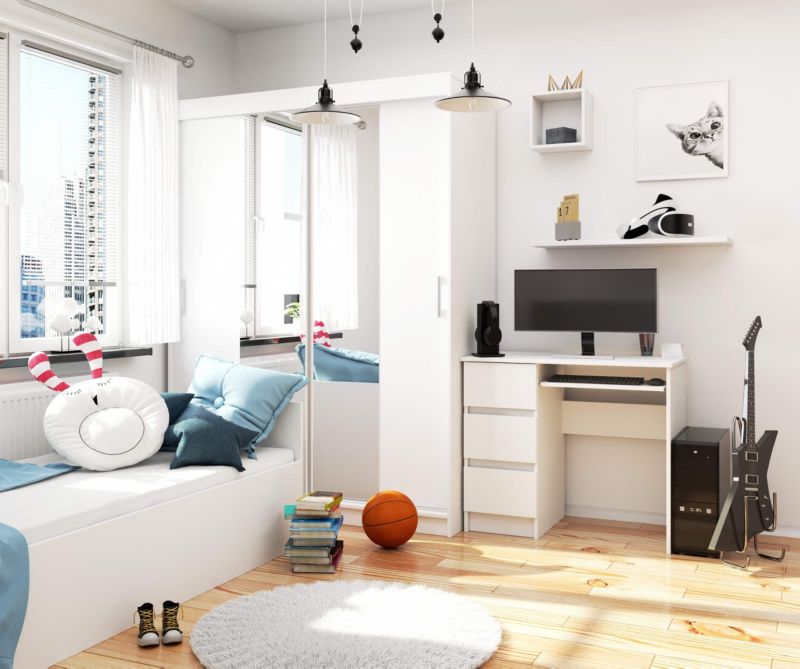 Akord A6 computerbord hvid 90 cm venstrevendt med 3 skuffer, mat hvid, 1 hylde, 90x50x77 cm, 1 stk.