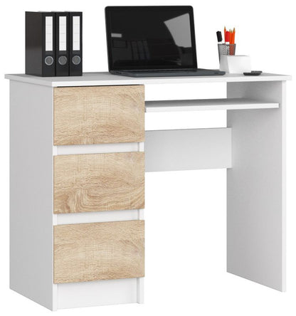 Akord A6 computerbord hvid 90 cm venstre 3 skuffer farve Sonoma eg mat 90x50x77 cm 1 stk.