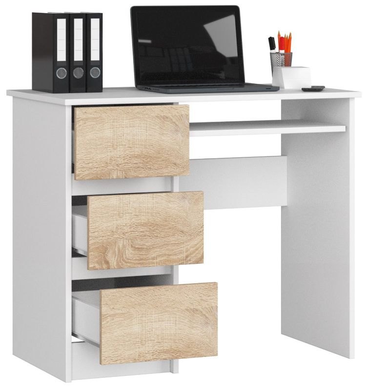 Akord A6 computerbord hvid 90 cm venstre 3 skuffer farve Sonoma eg mat 90x50x77 cm 1 stk.