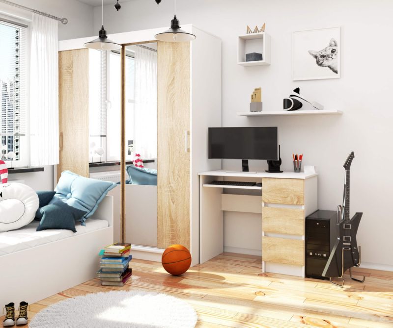 Akord A6 computerbord hvid 90 cm højre 3 skuffer farve Eg Sonoma mat 1 hylde 90x50x77 cm 1 stk.