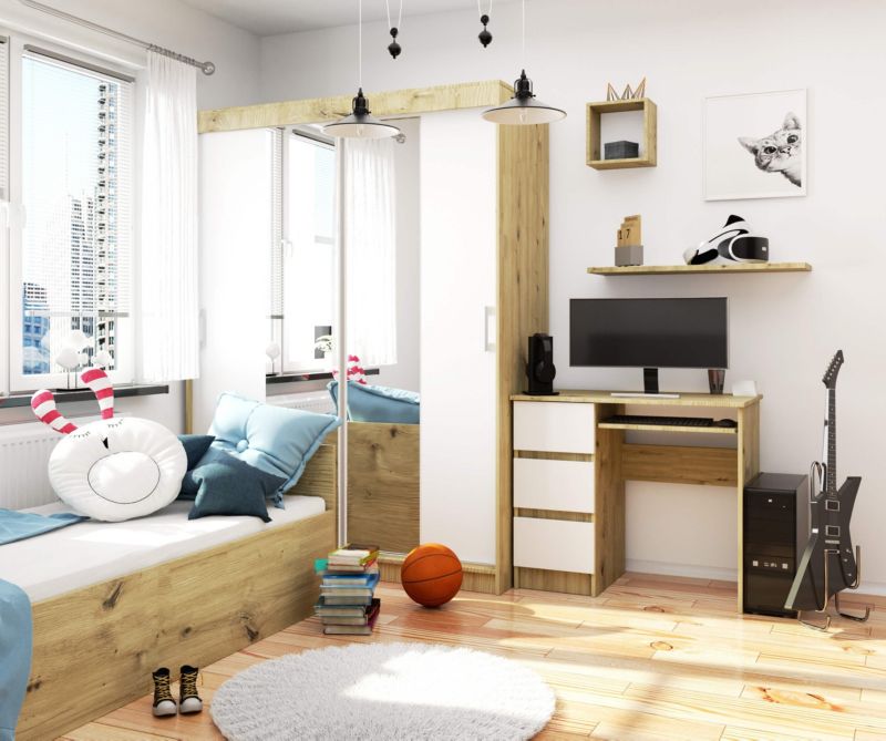 Akord A6 computerbord Artisan-eg egetræ 90 cm venstre 3 skuffer hvid mat 1 hylde 90x50x77 cm 1 stk.