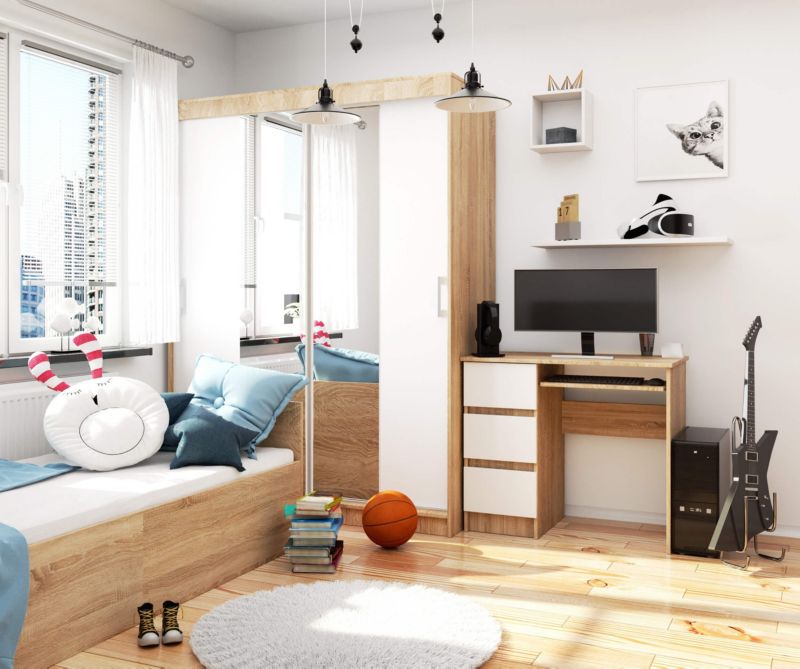 Akord A6 computerbord i sonoma eg 90 cm venstrevendt med 3 skuffer, mat hvid farve, 1 hylde, 90x50x77 cm, 1 stk.