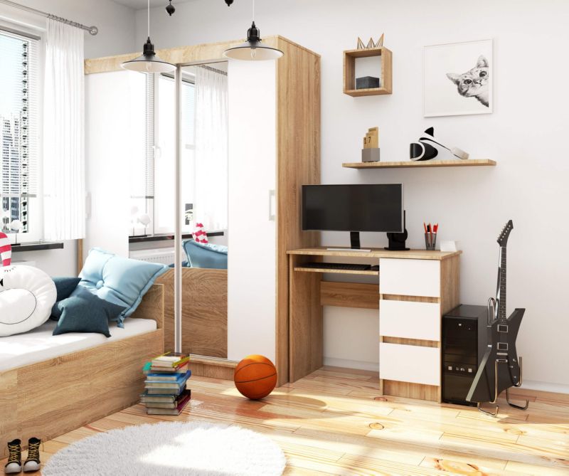 Akord A6 computerbord i sonoma-eg med 3 skuffer, højre, mat hvid, 90x50x77 cm