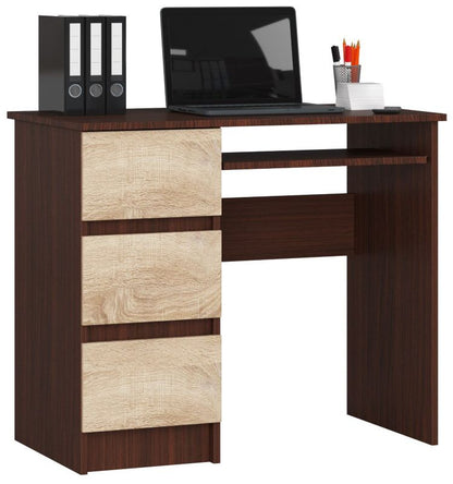 Akord A6 computerbord i wenge, 90 cm, venstrevendt, 3 skuffer, mat sonoma-eg, 1 hylde, 90 x 50 x 77 cm, 1 stk.