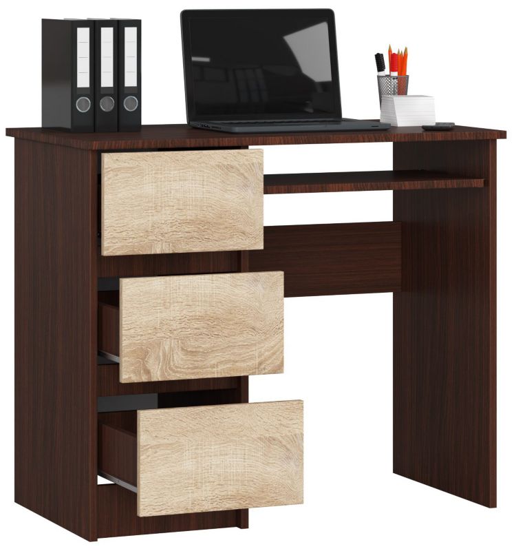 Akord A6 computerbord i wenge, 90 cm, venstrevendt, 3 skuffer, mat sonoma-eg, 1 hylde, 90 x 50 x 77 cm, 1 stk.