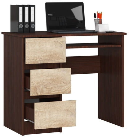 Akord A6 computerbord i wenge, 90 cm, venstrevendt, 3 skuffer, mat sonoma-eg, 1 hylde, 90 x 50 x 77 cm, 1 stk.