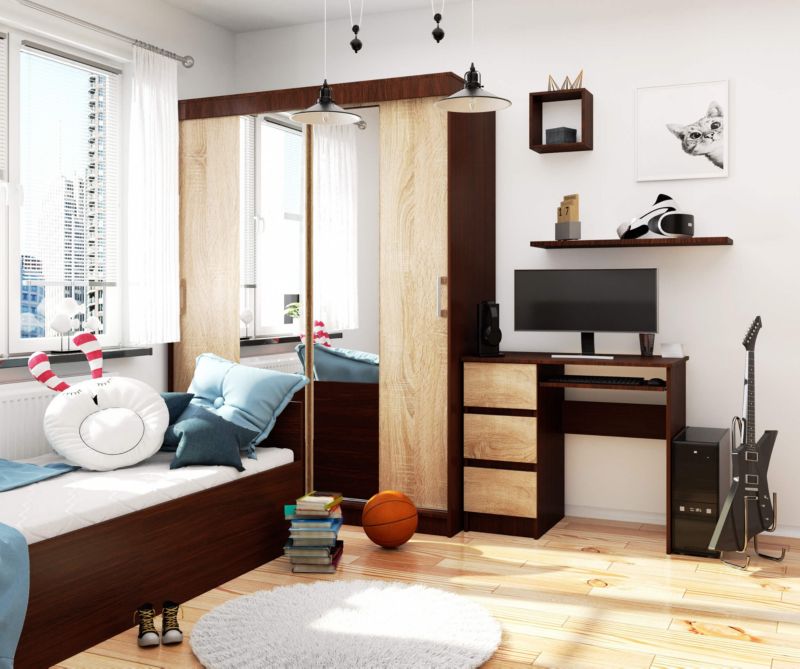 Akord A6 computerbord i wenge, 90 cm, venstrevendt, 3 skuffer, mat sonoma-eg, 1 hylde, 90 x 50 x 77 cm, 1 stk.