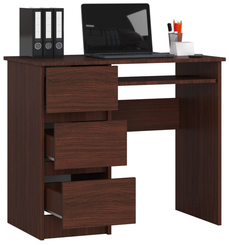 Akord A6 Wenge computerbord 90 cm venstrevendt med 3 skuffer, mat‑wenge farve, 1 hylde, 90x50x77 cm, 1 stk.