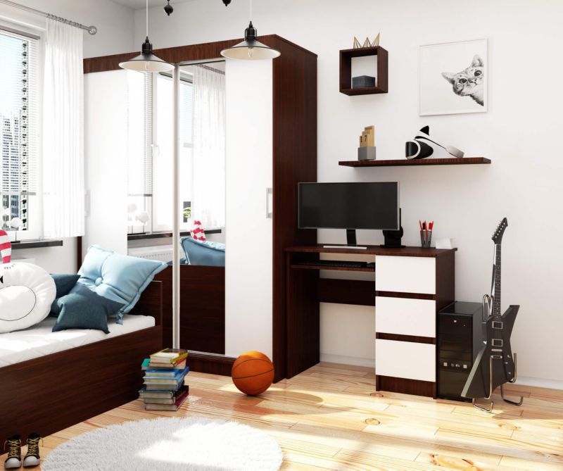 Akord A6 Wenge computerbord 90 cm højre med 3 skuffer, mat hvid farve, 1 hylde, 90x50x77 cm, 1 stk.