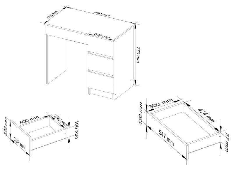 Akord A7 computerbord i sonoma-eg med 4 skuffer, højre, 90 x 50 x 77 cm, 1 stk.