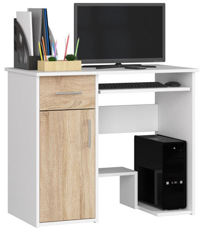 Akord Jay computerbord hvid 90 cm med 1 dør, 1 skuffe, Sonoma eg mat, 3 hylder 90x50x74 cm 1 stk.