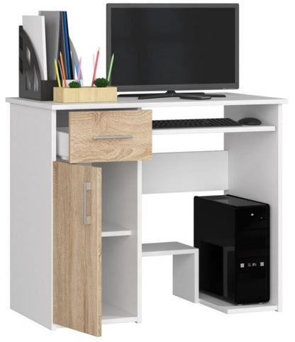 Akord Jay computerbord hvid 90 cm med 1 dør, 1 skuffe, Sonoma eg mat, 3 hylder 90x50x74 cm 1 stk.