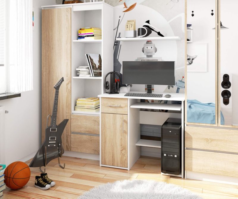 Akord Jay computerbord hvid 90 cm med 1 dør, 1 skuffe, Sonoma eg mat, 3 hylder 90x50x74 cm 1 stk.